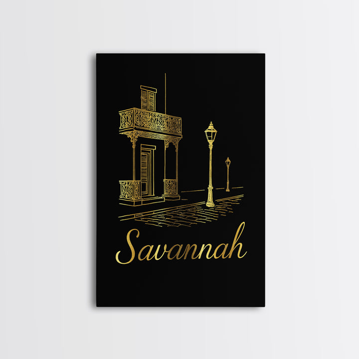 Savannah Travel Poster, Framed Canvas Print, Minimalist Gold Line Art, Savannah Travel Art, Mid Century Wall Art, Living Room Wall Art