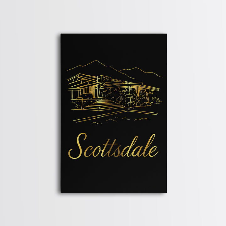 Scottsdale Arizona Travel Poster, Canvas Print, Black Gold Minimalist Art, Scottsdale Art Print, Mid Century Wall Art, Wanderlust Decor