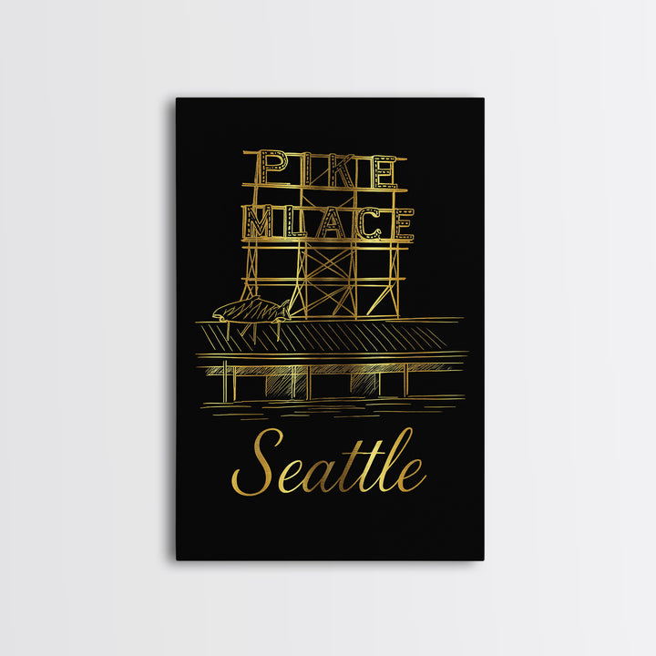 Seattle Travel Poster, Canvas Print, Gold Outline Poster Art, Seattle Art Print, Travel Poster Art, Mid Century Wall Art, Wanderlust Decor
