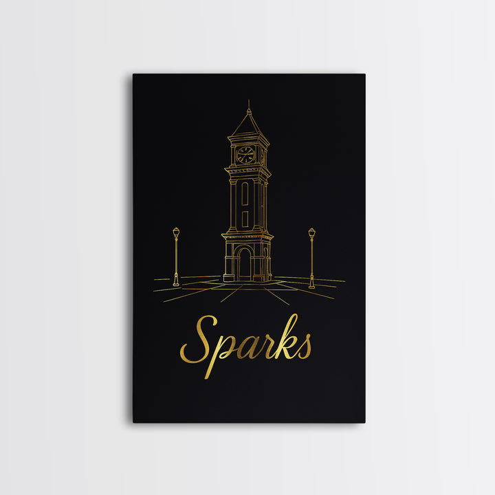 Sparks Nevada Travel Poster, Canvas Print, Gold Outline Poster Art, Sparks Wall Art, Wanderlust Decor, Travel Wall Decor, Retro Travel Print
