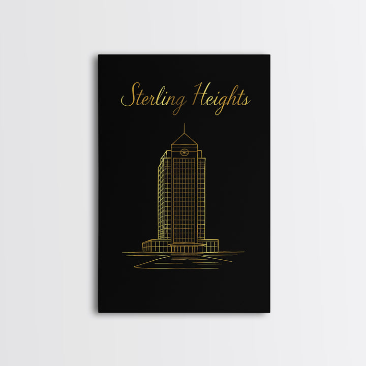 Sterling Heights Michigan Travel Poster, Canvas Print, Gold Outline Poster Art, Sterling Heights Art Print, Travel Wall Art
