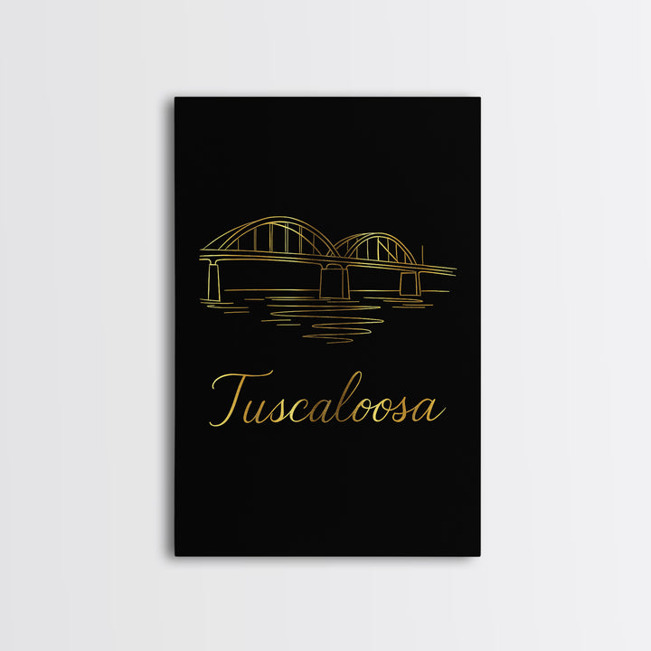Tuscaloosa Alabama Travel Poster, Framed Canvas Print, Gold Outline Poster Art, Tuscaloosa Travel Art, City Art Print, Travel Wall Art