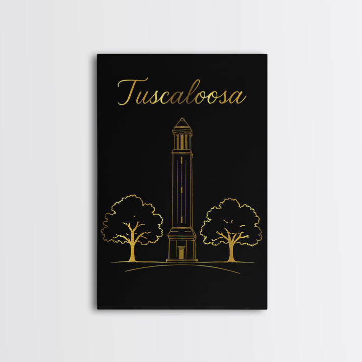 Tuscaloosa Travel Poster, Canvas Print, Black Gold Minimalist Art, Tuscaloosa Art Print, City Travel Prints, Wanderlust Decor, Wall Art