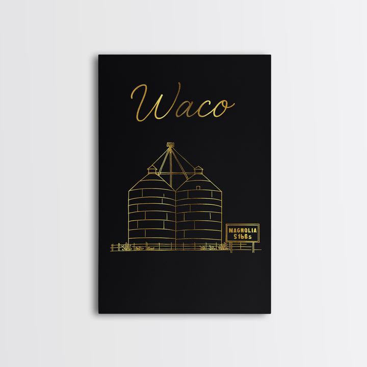 Waco Texas Travel Poster, Canvas Print, Black Gold Minimalist Art, Waco City Art, Wanderlust Decor, Home Office Decor, Retro Travel Print