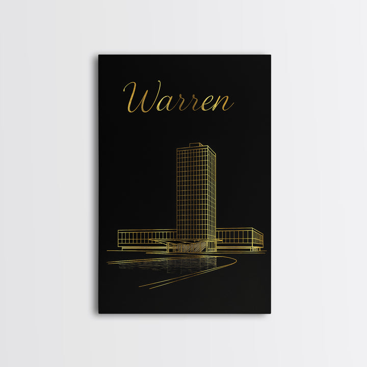 Warren Michigan Travel Poster, Canvas Print, Minimalist Gold Line Art, Warren Poster Print, Wanderlust Decor, Art Print, Gift For Travelers