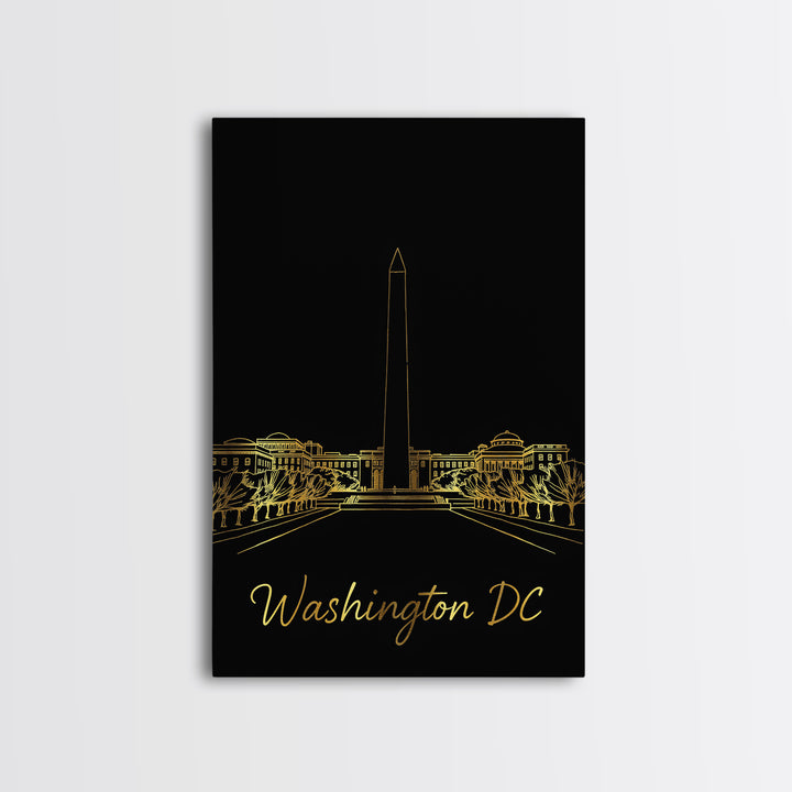 Washington DC Travel Poster, Framed Canvas Print, Minimalist Gold Line Art, Washington DC Wall Art, Travel Art Print, Mid Century Wall Art