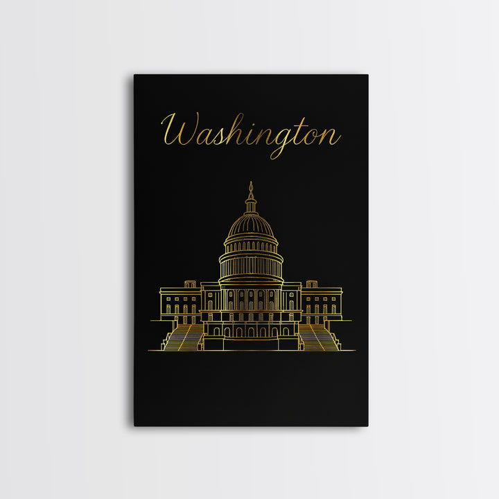 Washington DC Travel Poster, Framed Canvas Print, Minimalist Gold Line Art, Washington DC City Art, City Travel Prints, Home Office Decor