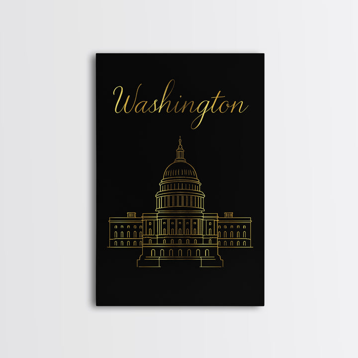 Washington DC Travel Poster, Framed Canvas Print, Black Gold Minimalist Art, Washington DC Wall Art, Gift For Travelers, Retro Travel Print