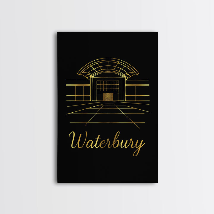 Waterbury Connecticut Travel Poster, Canvas Print, Gold Outline Poster Art, Waterbury Art Print, Wall Decor, Travel Print, Home Decor
