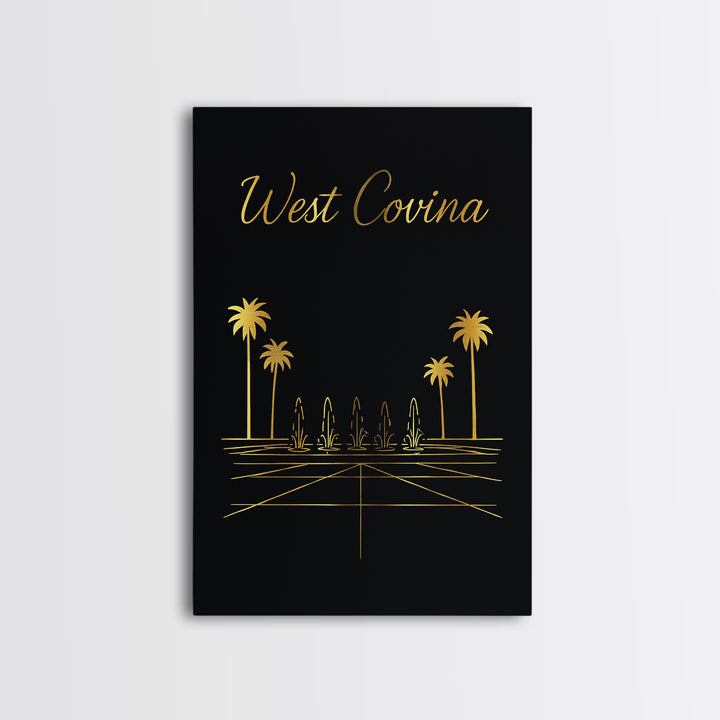 West Covina Travel Poster, Framed Canvas Print, Gold Outline Poster Art, West Covina Wall Art, Watercolor Skyline Art, City Travel Prints