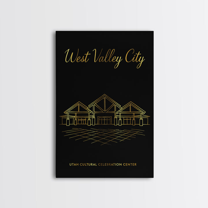 West Valley City Utah Travel Poster, Framed Canvas Print, Minimalist Gold Line Art, West Valley City Poster Print, City Illustration
