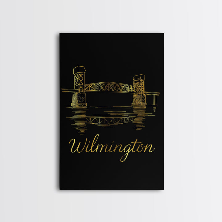 Wilimington Travel Poster, Framed Canvas Print, Black Gold Minimalist Art, Wilimington Art Print, Travel Poster Set, City Travel Prints