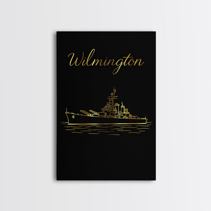 Wilmington Travel Poster, Framed Canvas Print, Black Gold Minimalist Art, Wilmington Travel Art, Living Room Wall Art, Home Office Decor