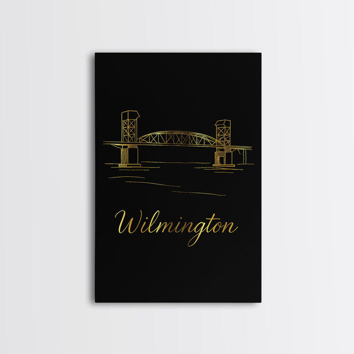 Wilmington Travel Poster, Canvas Print, Gold Outline Poster Art, Wilmington Travel Art, Mid Century Wall Art, Vintage Travel Art