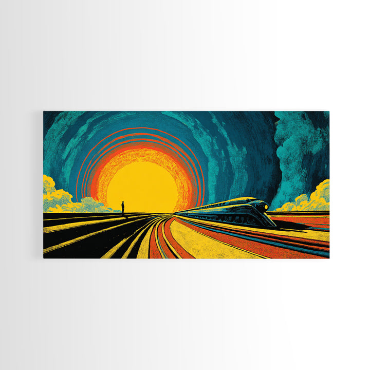 Futuristic Train Sunset Wall Art, Retro Sci Fi Railway Poster, Midcentury Modern Decor, MCM Wall Decor, Bold Orange Blue Print