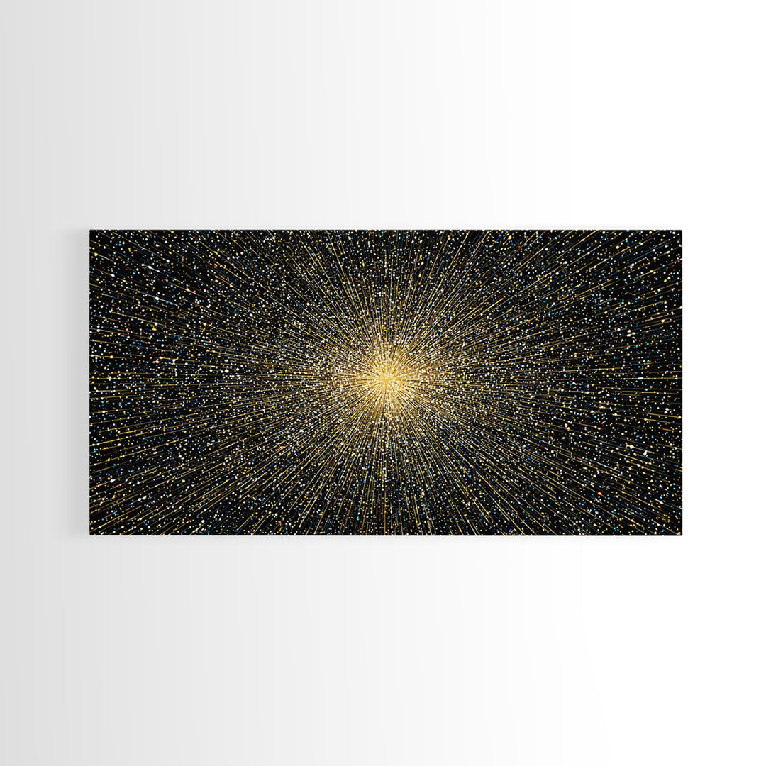 Golden Particle Explosion Wall Art, Radiant Starburst Abstract, Modern Art Print, Black Gold Space Poster, Office Decor Gift