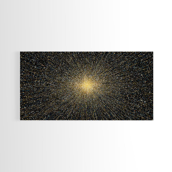 Golden Particle Explosion Wall Art, Radiant Starburst Abstract, Modern Art Print, Black Gold Space Poster, Office Decor Gift