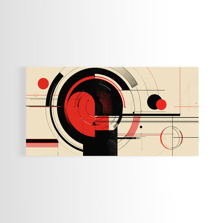 Red Black Circular Abstract Canvas Print, Mid Century Modern Wall Decor, Geometric Bauhaus Poster, Atomic Retro Artwork Print