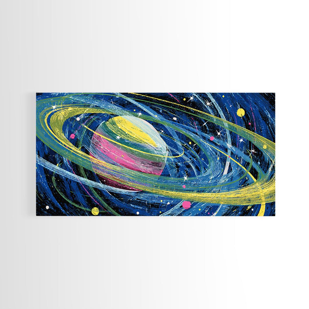 Colorful Ringed Planet Wall Art, Retro Sci Fi Space Poster, Cosmic Mid Century Modern Art Print, Kids Room Galaxy Decor Gift