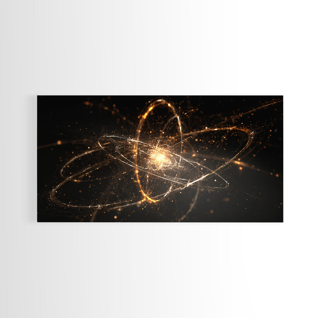 Golden Atomic Orbit Wall Art, Modern Abstract Space Poster, Cosmic Particle Artwork, Black Gold Home Office Decor Print Gift