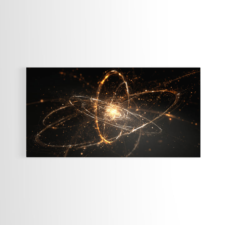 Golden Atomic Orbit Wall Art, Modern Abstract Space Poster, Cosmic Particle Artwork, Black Gold Home Office Decor Print Gift
