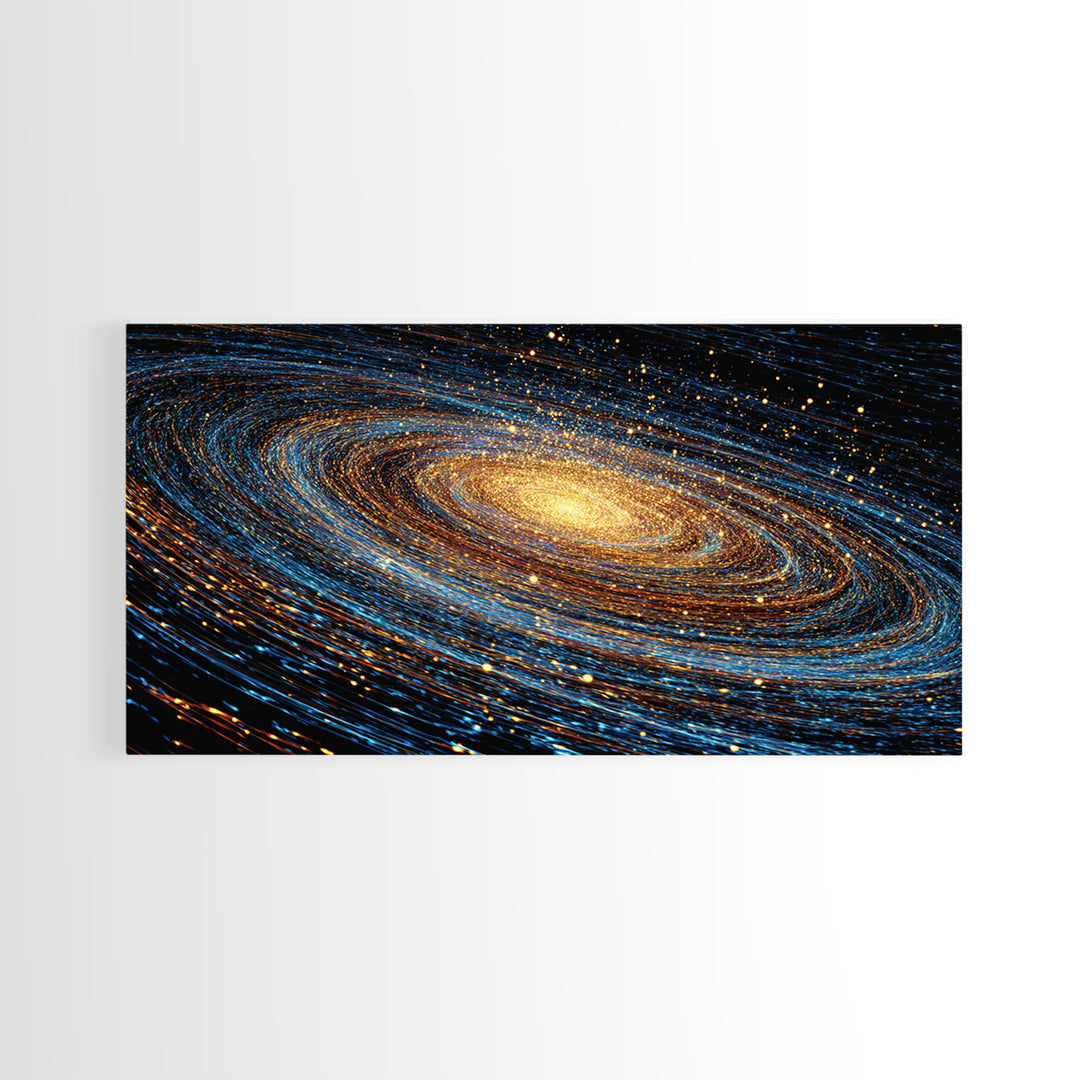 Blue Gold Spiral Galaxy Framed Canvas Print, Cosmic Space Wall Art, Modern Abstract Poster, Large Sci Fi Decor For Living Room