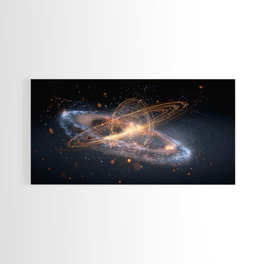 Golden Cosmic Galaxy Wall Art, Saturn Ring Space Abstract Poster, Modern Sci Fi Decor, Large Canvas Print For Home Office