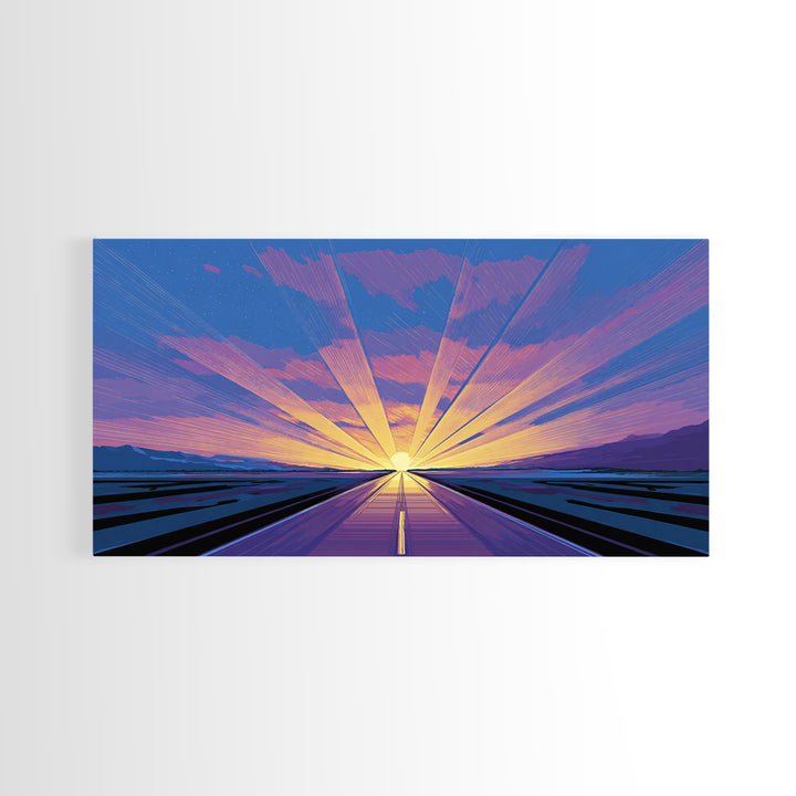 Radiant Road Sunset Canvas Print, Purple Blue Horizon Rays, Retro Travel Poster, Modern Wall Art, Midcentury Decor, Home Office Art