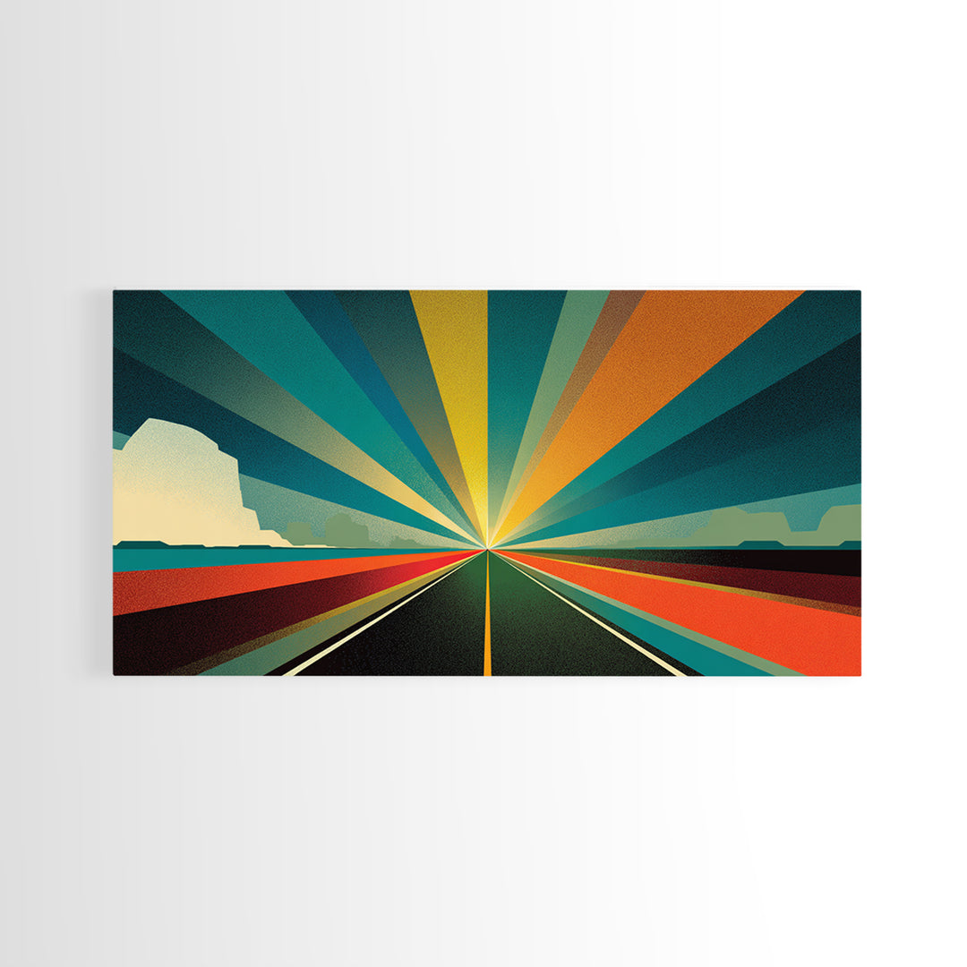 Retro Desert Highway Sunburst Wall Art, Teal Orange Perspective Landscape, Midcentury Modern Decor, Modern Art Print, MCM Wall Decor