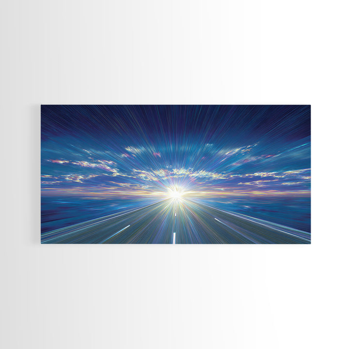 Blue Highway Light Burst Canvas Print, Radiant Horizon Road, Modern Abstract Art, Retro Wall Art, Home Office Decor, Large Prints