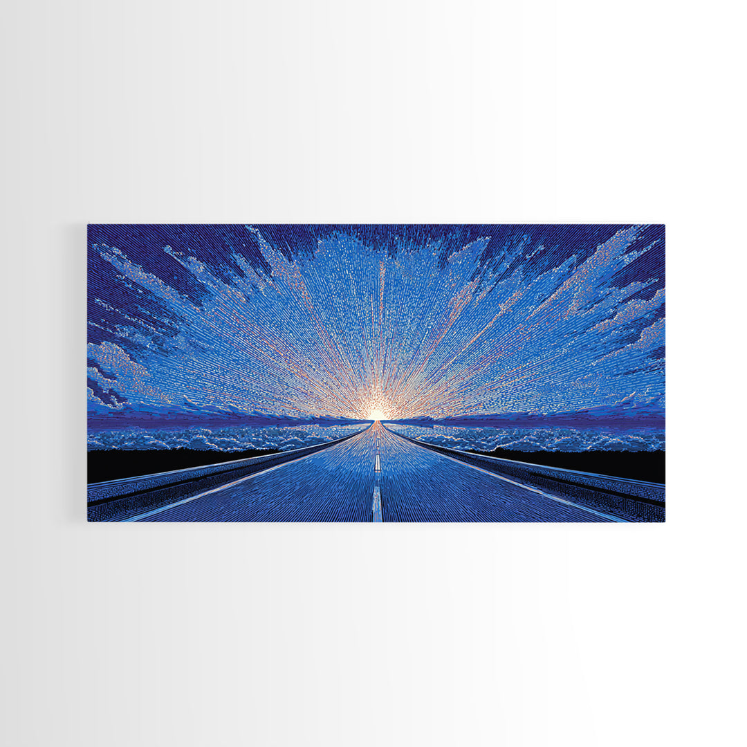 Icy Blue Road Sunrise Wall Art, Winter Horizon Light Burst, Modern Digital Art, Retro Poster, Statement Wall Decor, Home Office Art