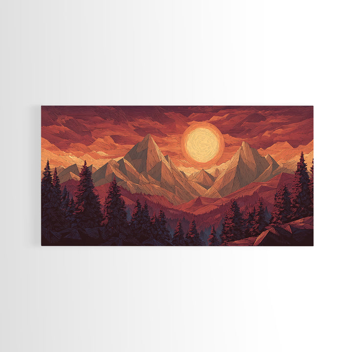Orange Sun Mountain Forest Framed Canvas Print, Retro Landscape Poster, Midcentury Wall Art, Rustic Cabin Decor, Living Room Art