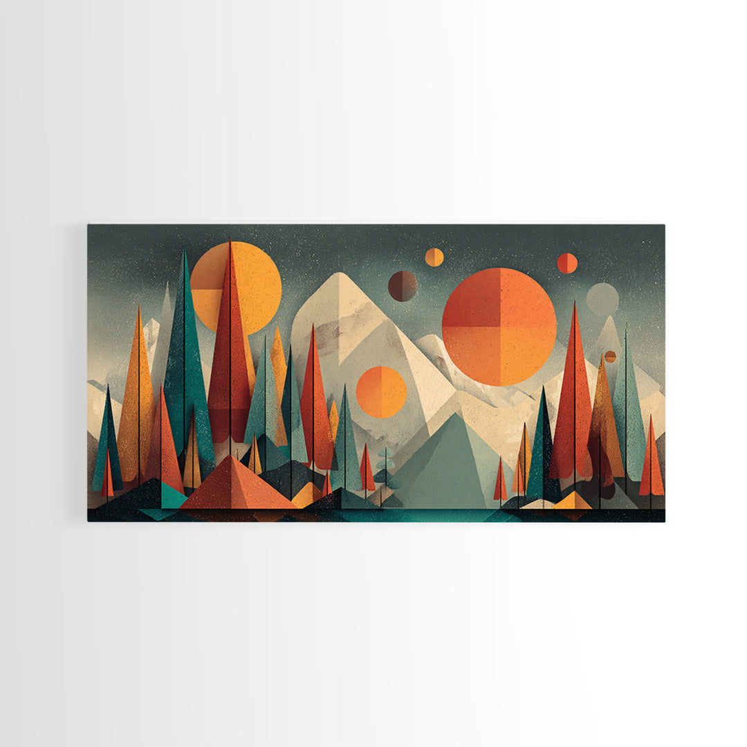 Geometric Mountain Forest With Suns Wall Art, Midcentury Modern Art, Abstract Landscape Print, Retro MCM Home Decor, Large Canvas Print