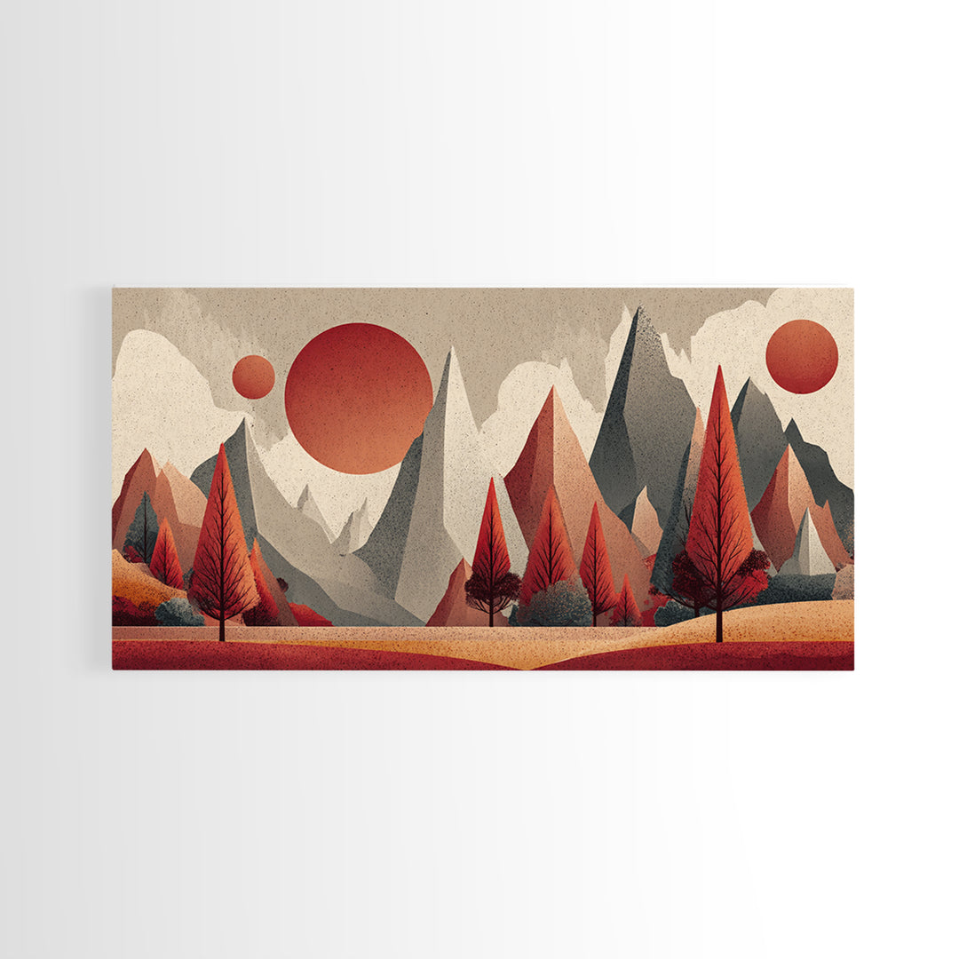 Red Pine Mountain Sunrise Wall Art, Midcentury Modern Abstract Landscape Print, Retro MCM Cabin Decor, Framed Canvas Print