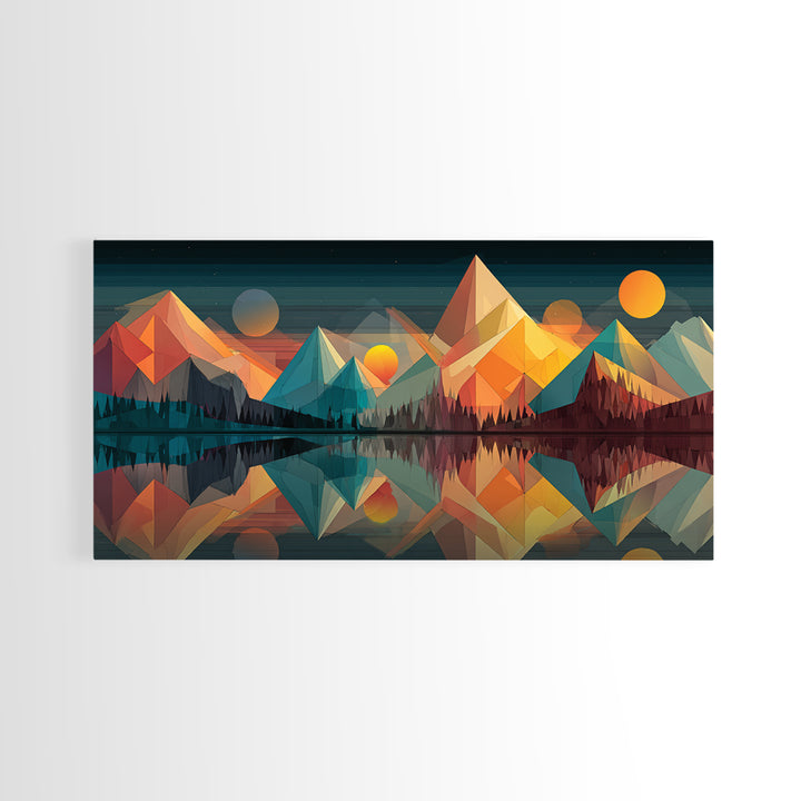 Colorful Geometric Mountain Lake Canvas Print, Midcentury Modern Wall Art, Abstract Landscape Poster, Retro MCM Cabin Home Decor