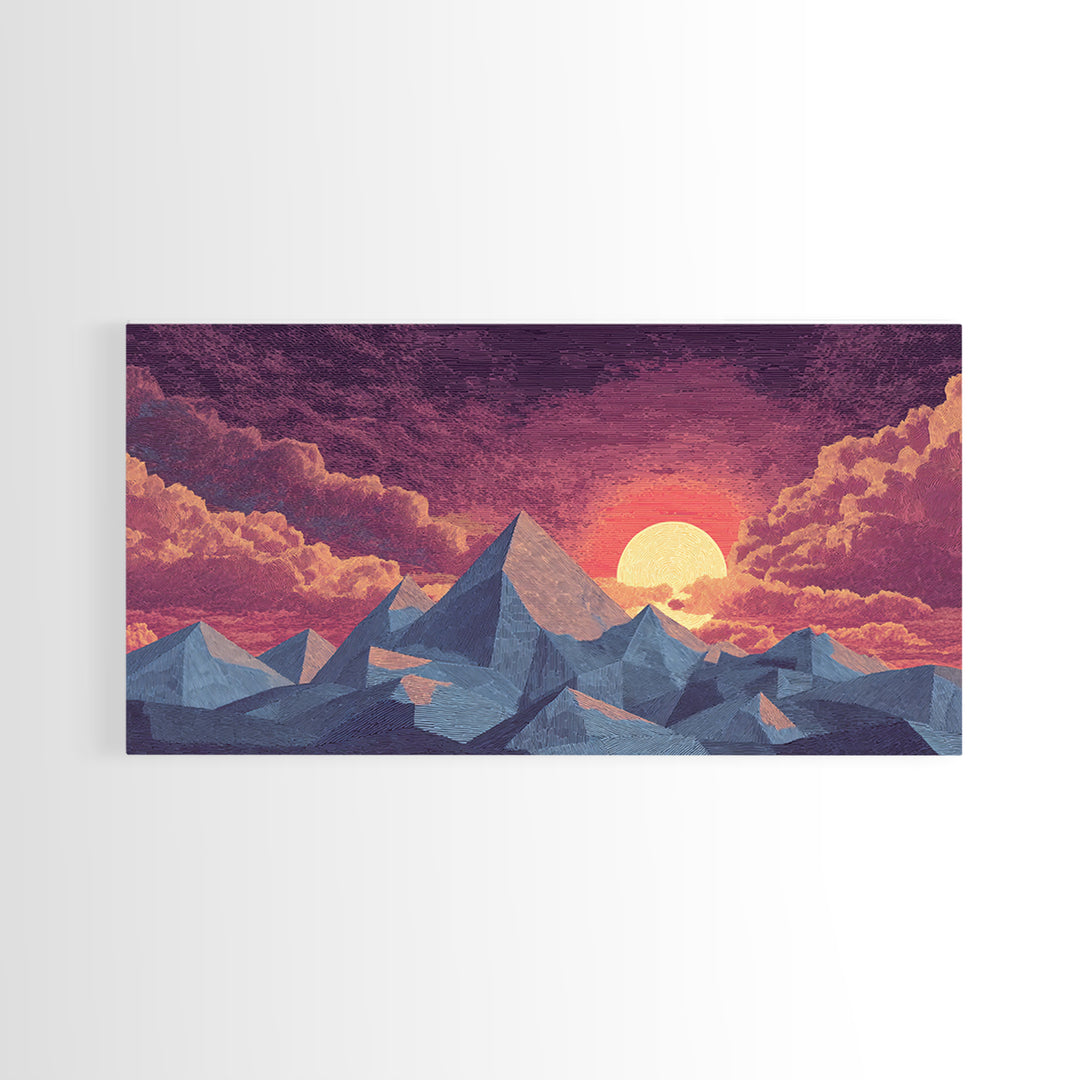 Textured Purple Mountain Sunset Wall Art, Retro Midcentury Modern Landscape Print, Scenic Bedroom Decor, Framed Canvas Print