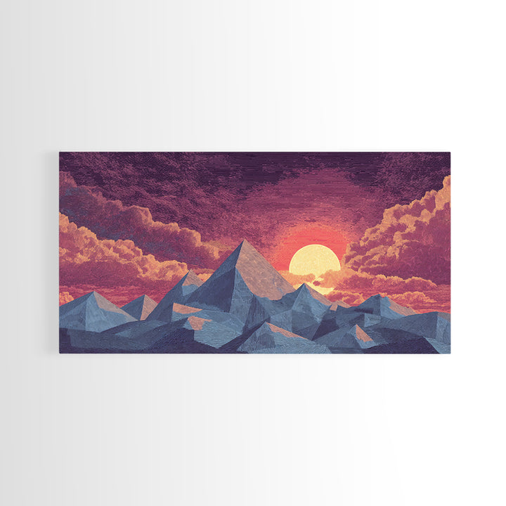 Textured Purple Mountain Sunset Wall Art, Retro Midcentury Modern Landscape Print, Scenic Bedroom Decor, Framed Canvas Print
