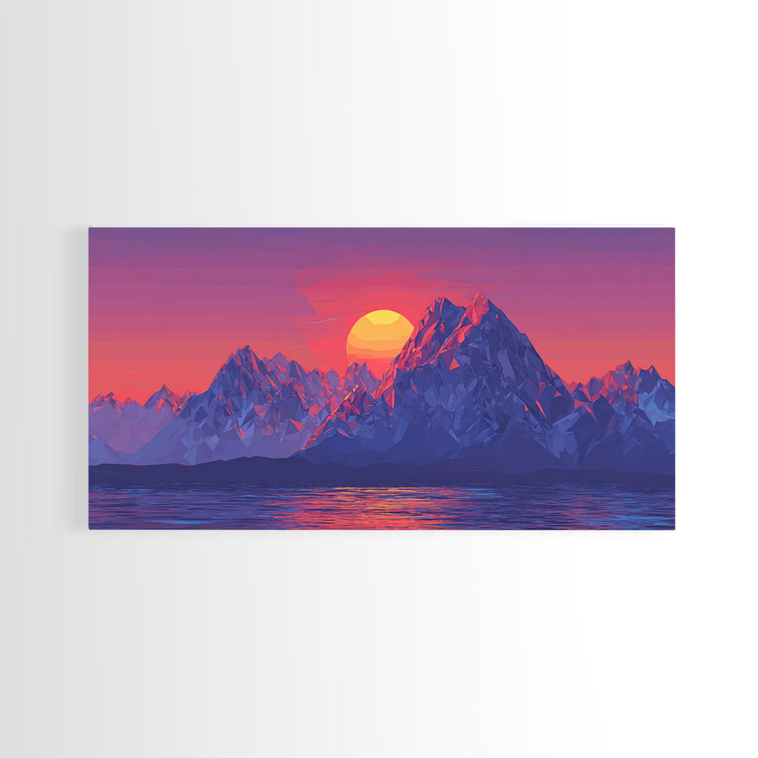 Alpine Mountain Lake Sunset Canvas Print, Blue Purple Landscape Wall Art, Modern Retro Poster, Bedroom Home Office Decor