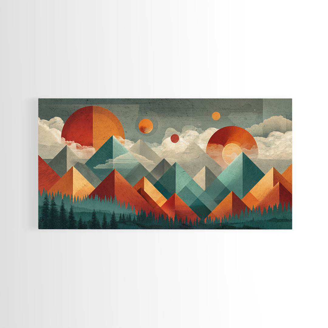 Orange Teal Geometric Mountain Suns Wall Art, Midcentury Modern Abstract Landscape Print, Retro MCM Home Decor, Canvas Print