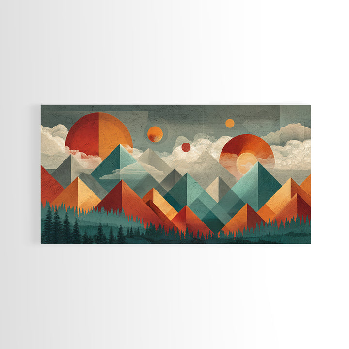 Orange Teal Geometric Mountain Suns Wall Art, Midcentury Modern Abstract Landscape Print, Retro MCM Home Decor, Canvas Print