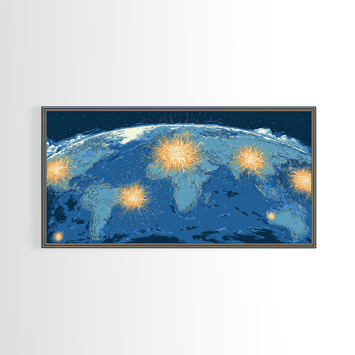 Blue World Map With Orange Network Bursts Wall Art, Modern Global Travel Print, Large Home Office Decor, Framed Canvas Print