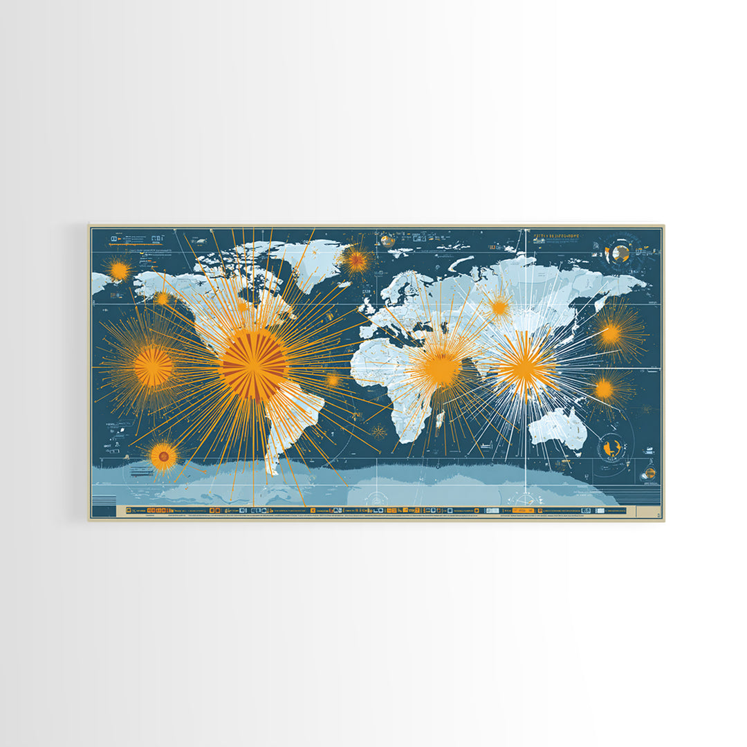 Detailed Blue World Map Network Canvas Print, Modern Office Wall Art, Global Travel Poster, Large Home Decor, Digital Art Print