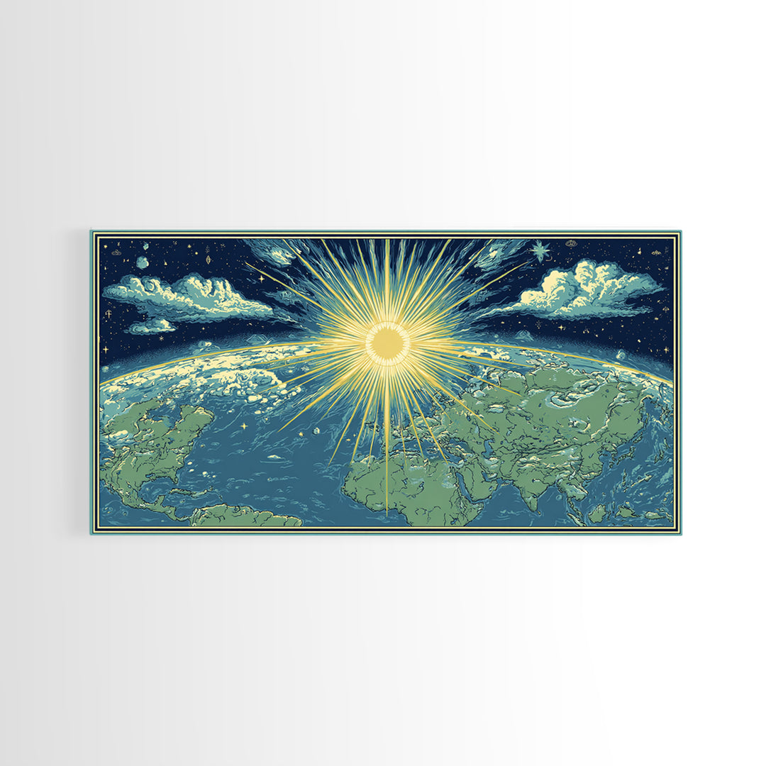 Radiant Sunrise World Map Wall Art, Celestial Earth Poster, Midcentury Modern Art Print, Starry Travel Decor For Living Room
