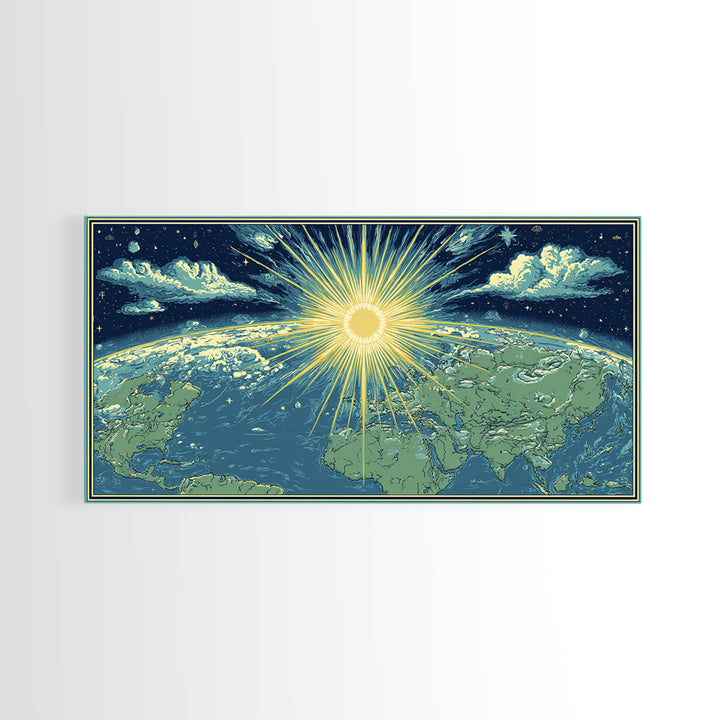Radiant Sunrise World Map Wall Art, Celestial Earth Poster, Midcentury Modern Art Print, Starry Travel Decor For Living Room