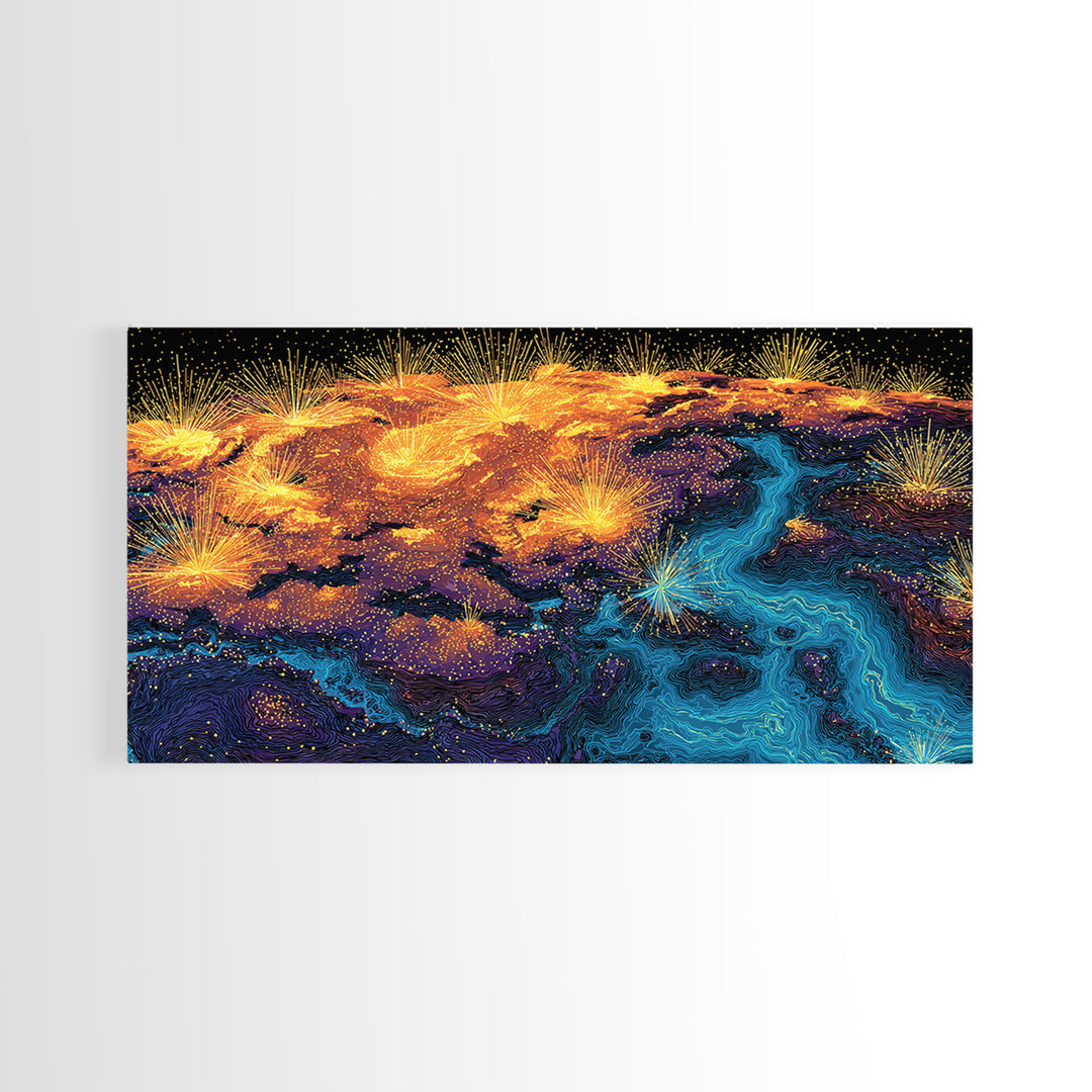 Glowing City Lights Earth Canvas Print, Abstract World Map Poster, Modern Wall Art Print, Orange Blue Travel Decor For Office