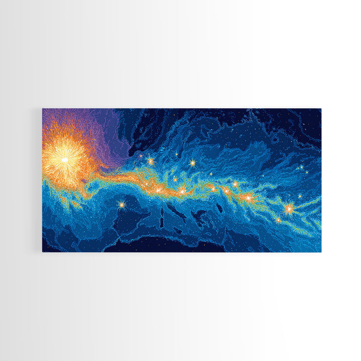 Cosmic Energy Map Wall Art, Blue Orange Abstract Poster, Modern Digital Art Print, Sci Fi Travel Decor For Bedroom And Office