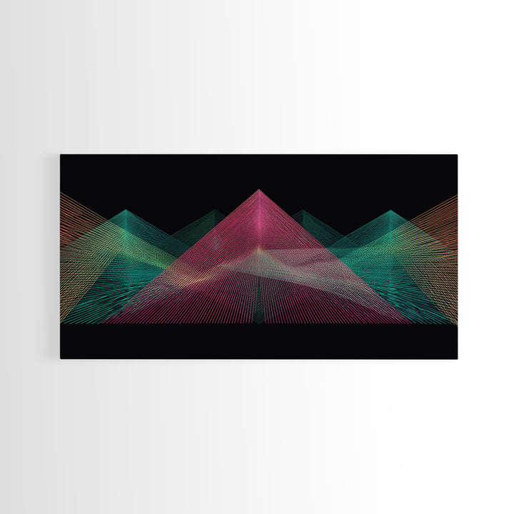 Neon Wireframe Pyramid Wall Art, Sci Fi Abstract Poster, Modern Digital Art Print, Black Retro Decor For Gaming Room Or Studio