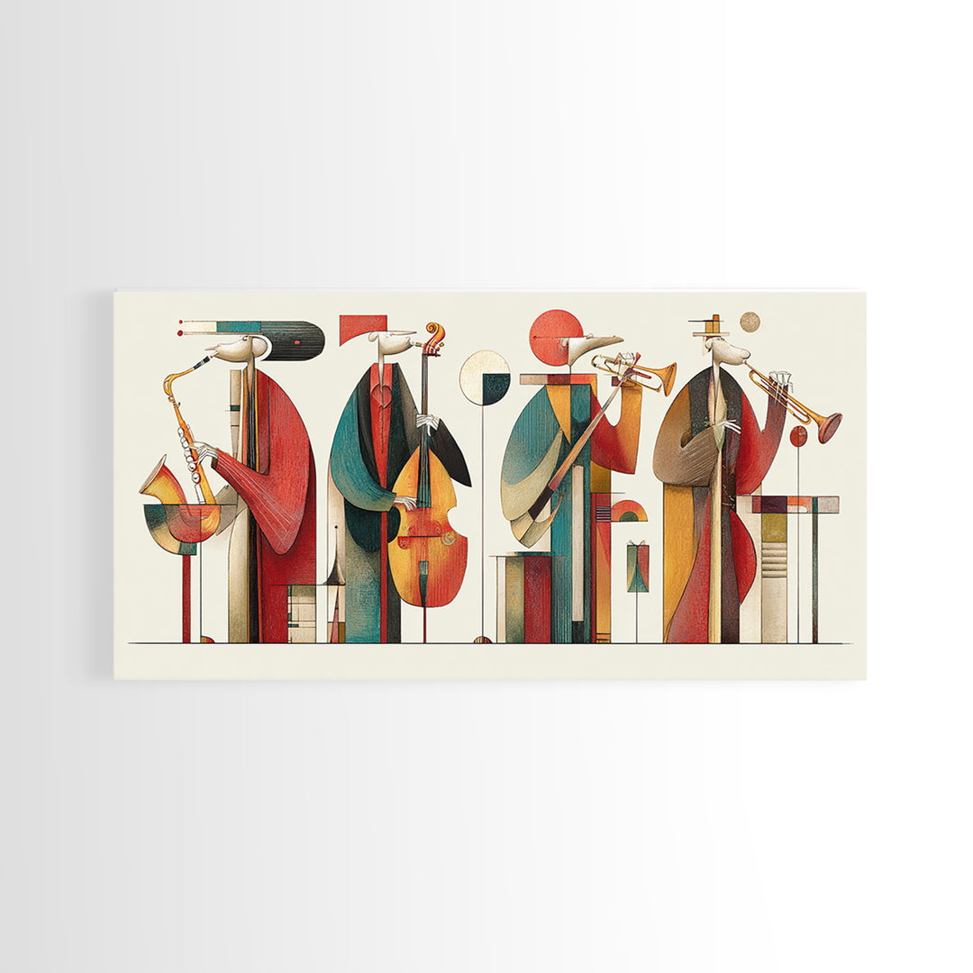 Abstract Geometric Jazz Musicians Canvas Print, Midcentury Modern Wall Art, Bauhaus Poster, Colorful Home Decor Gift Idea