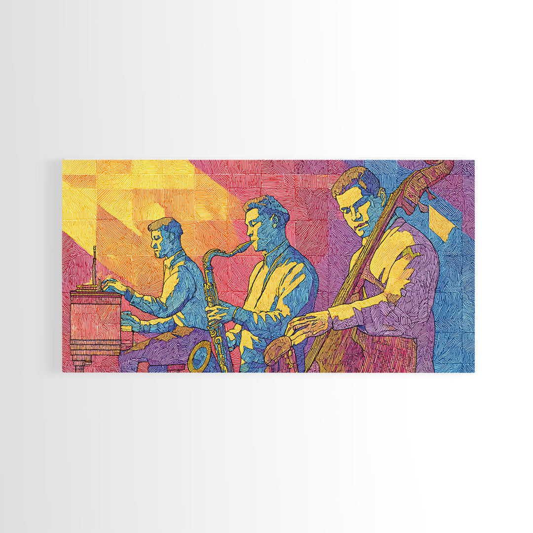 Bright Pop Art Jazz Trio Wall Art, Colorful Midcentury Modern Art Print, Saxophone Piano Bass, Studio Decor Poster Music Gift