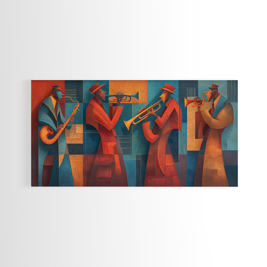 Red Teal Jazz Horn Ensemble Framed Canvas Print, Midcentury Modern Wall Art, Retro Music Poster, Masculine Decor Gift For Him